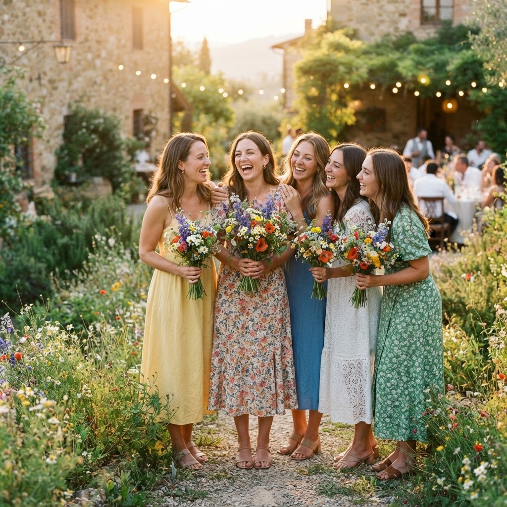 Fröhliche Gäste feiern mit Blumensträußen im Garten des Ralinger Hofs